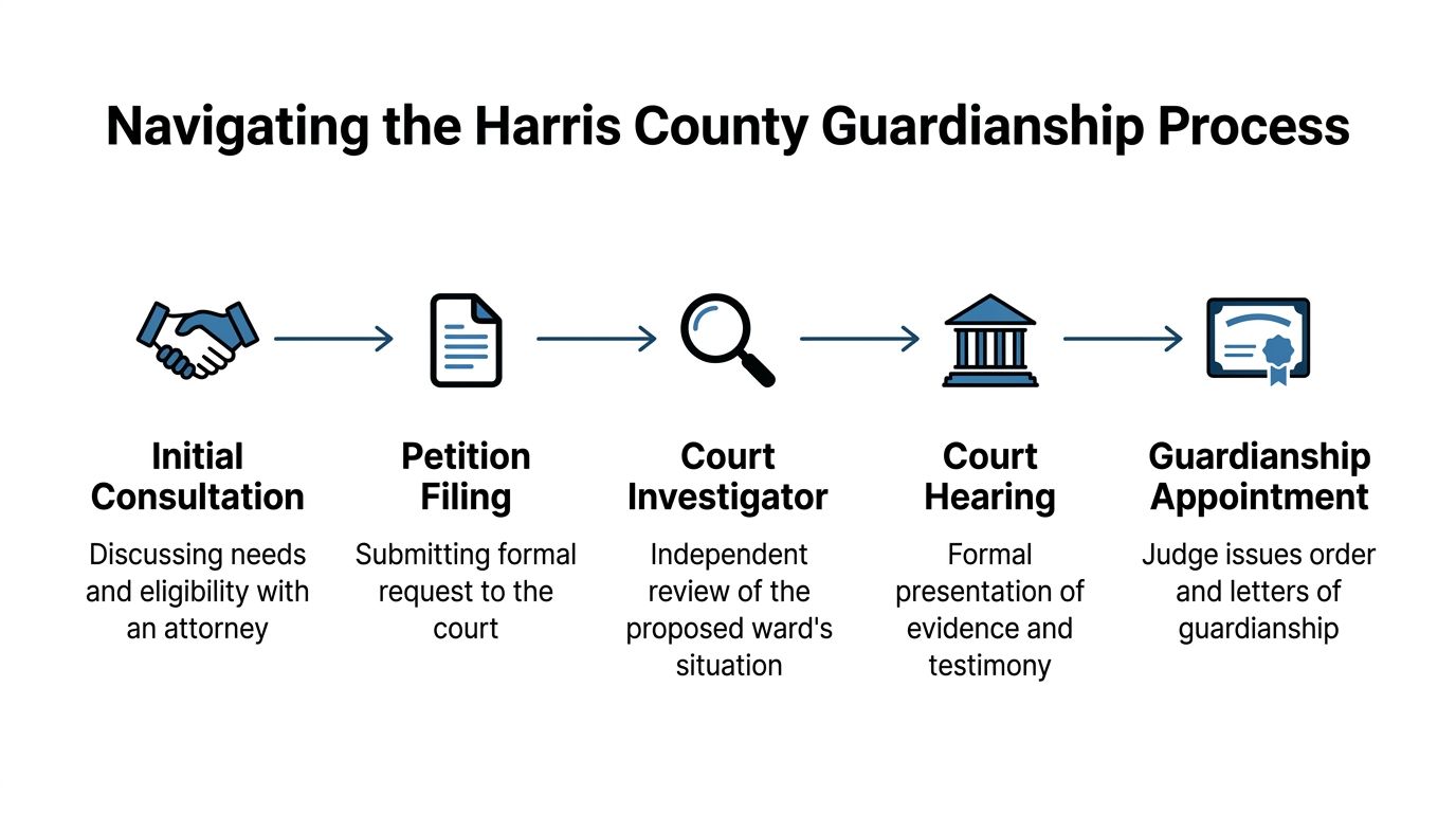 A flowchart infographic outlining the five-step legal process for obtaining guardianship in Harris County, Texas.