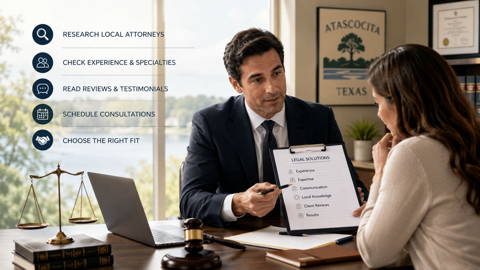 A professional lawyer consults with a client in an office, presenting legal solutions for choosing representation.