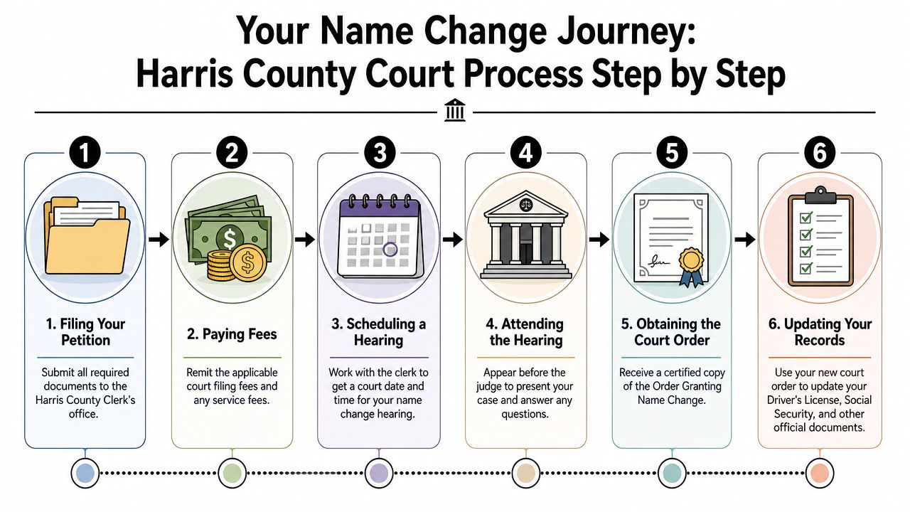 A six-step infographic illustrating the official name change court process for residents of Harris County, Texas.