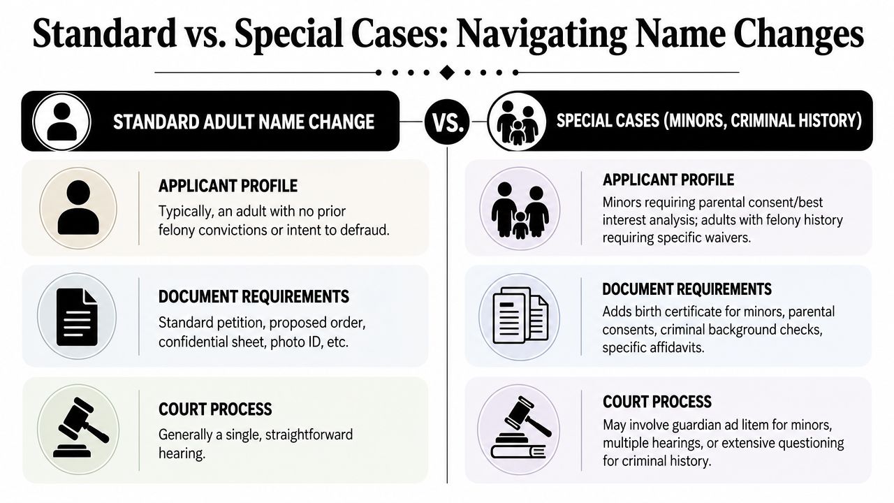 A comparison chart outlining the differences between standard adult name changes and special case name changes.