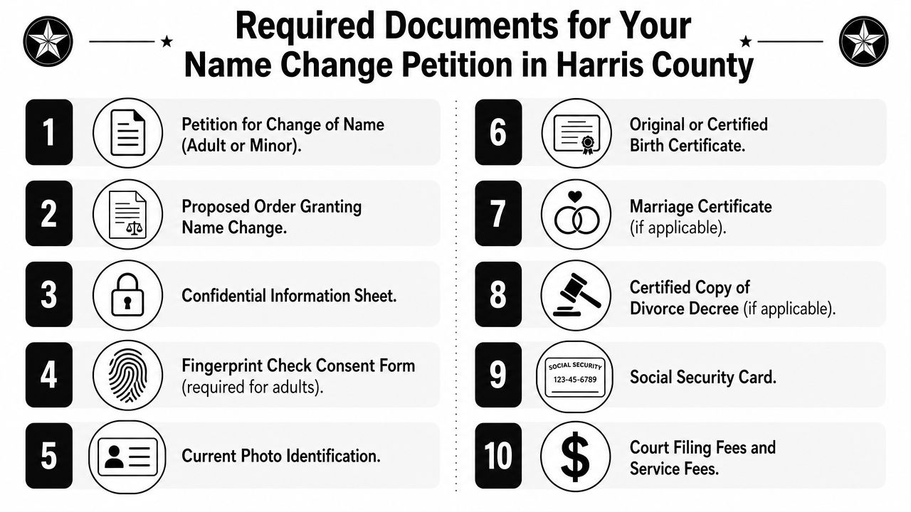A checklist showing the ten documents required for a name change petition in Harris County, Texas.