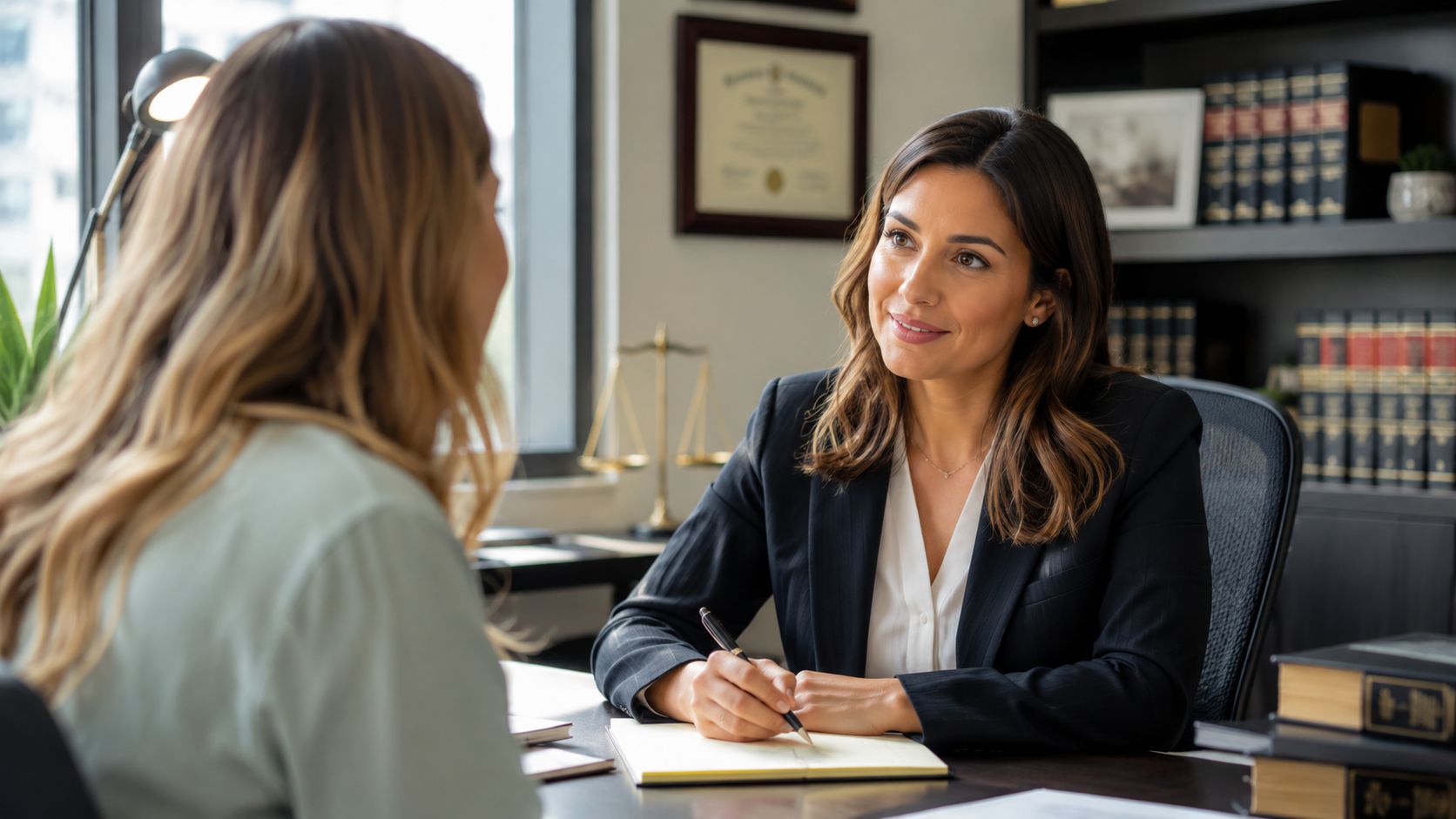 A professional female attorney having a consultation with a client in a modern law office setting.