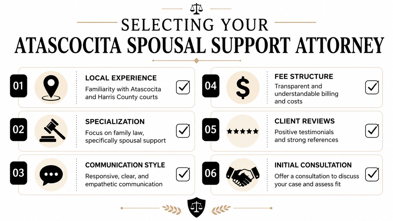 An infographic titled Selecting Your Atascocita Spousal Support Attorney, outlining six key factors to consider when hiring.