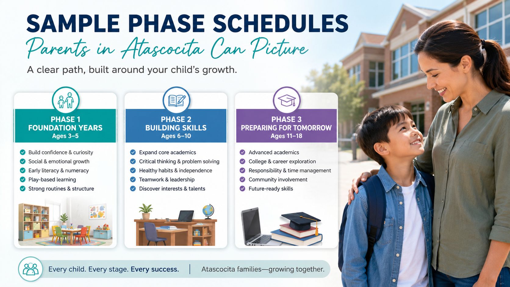 A visual guide for Atascocita parents outlining child development phases from ages three to eighteen years old.