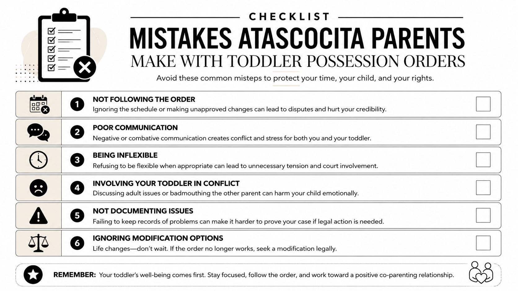 A checklist of common mistakes Atascocita parents make with toddler possession orders to protect child well-being.