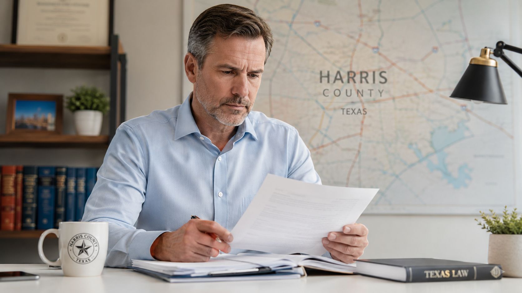 A professional middle-aged man reviewing legal documents at a desk in a Harris County, Texas law office.