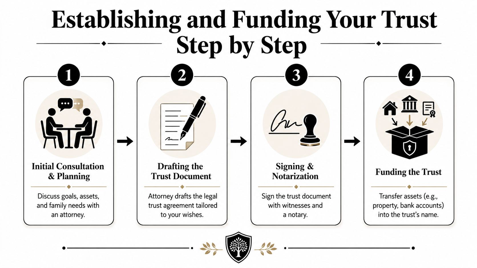 A step-by-step infographic showing how to establish and fund a legal trust with an attorney.