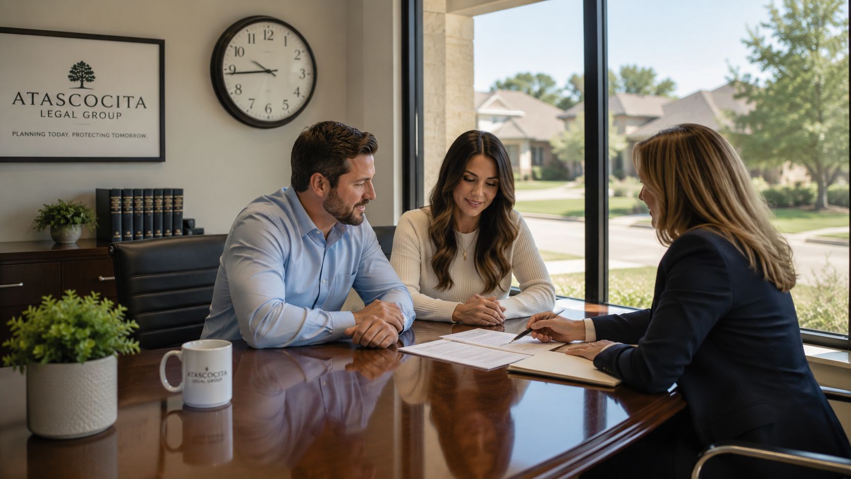 A couple discussing legal documents with their lawyer during a consultation at Atascocita Legal Group.