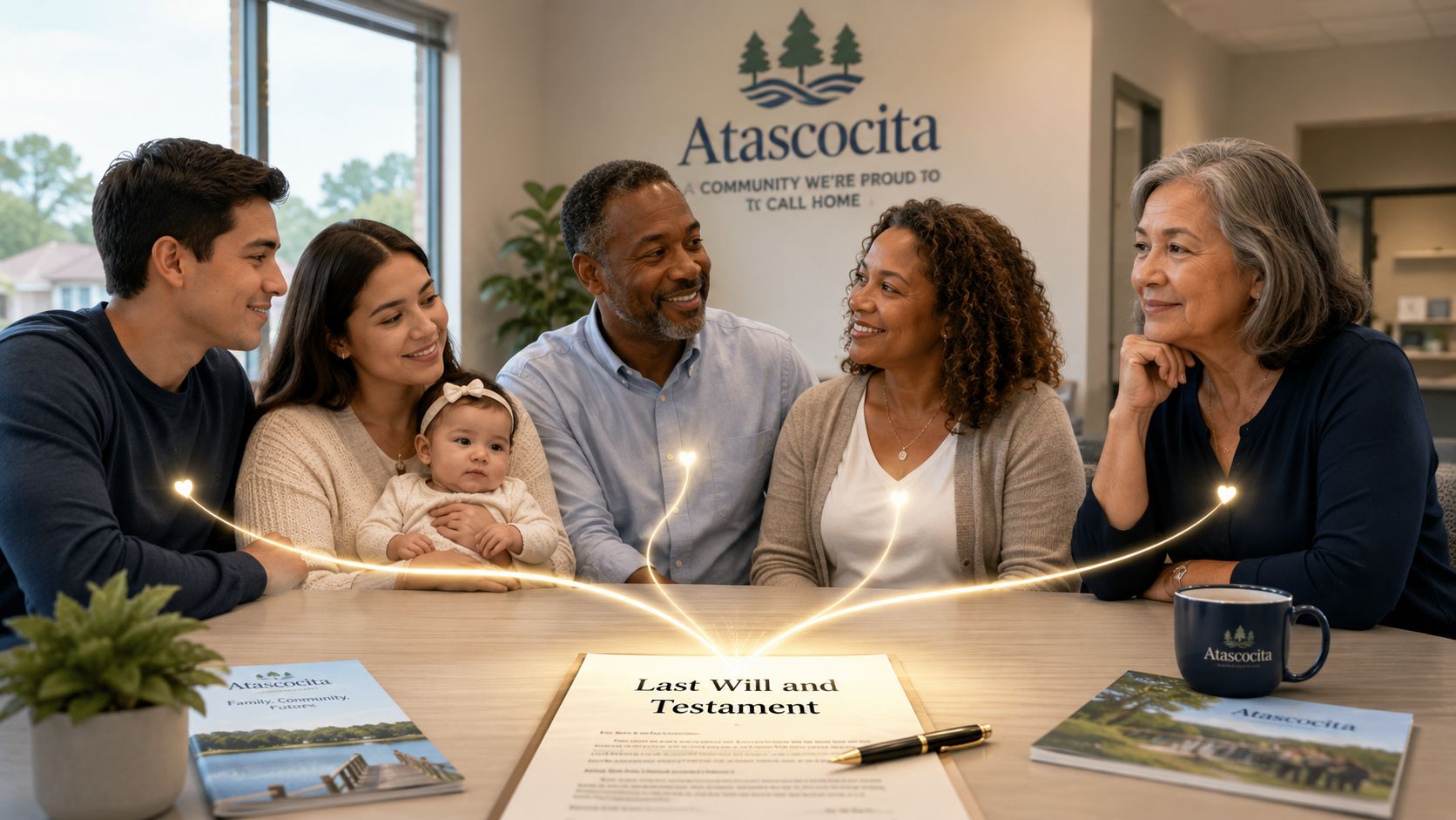 A multi-generational family sitting at a table with legal documents regarding a will and testament.