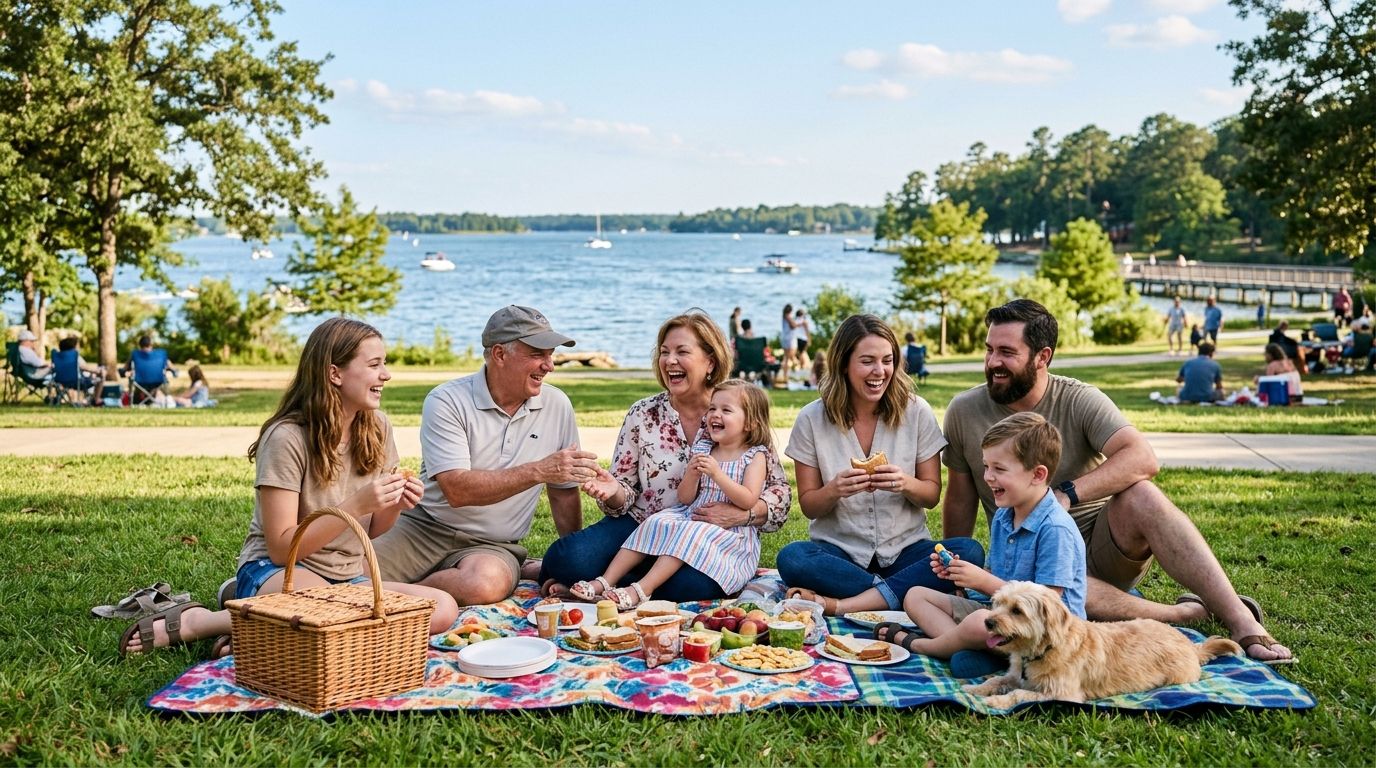 A happy multi-generational family enjoys a sunny outdoor picnic on a blanket by a lake.