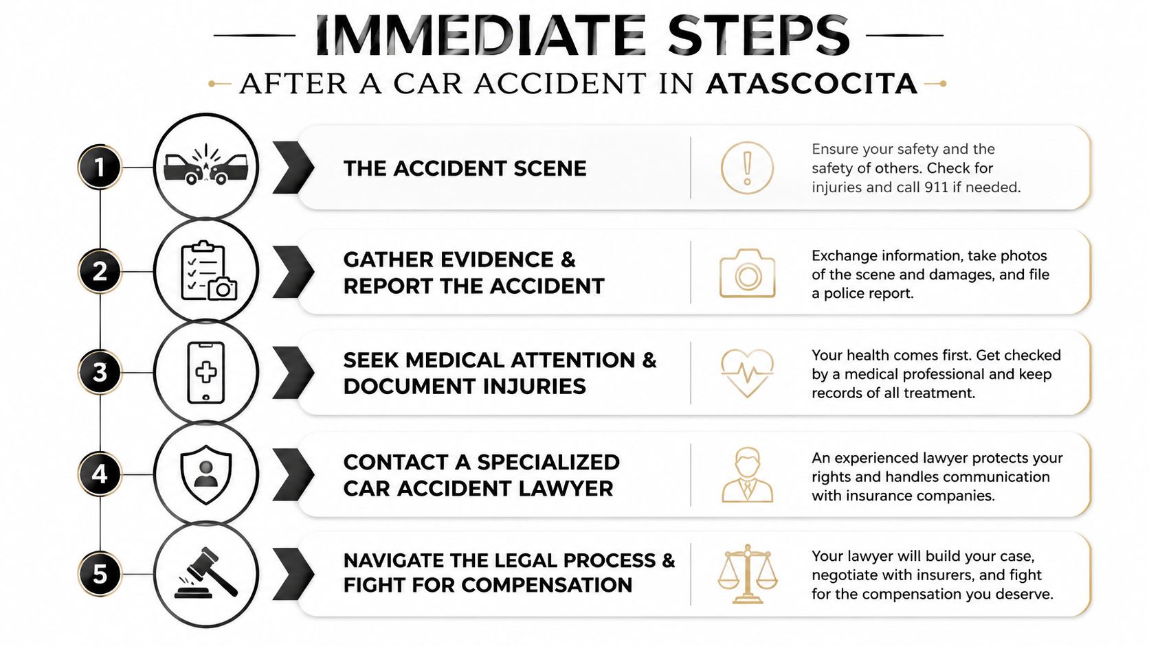 A five-step infographic guide detailing immediate actions to take after a car accident in Atascocita, Texas.