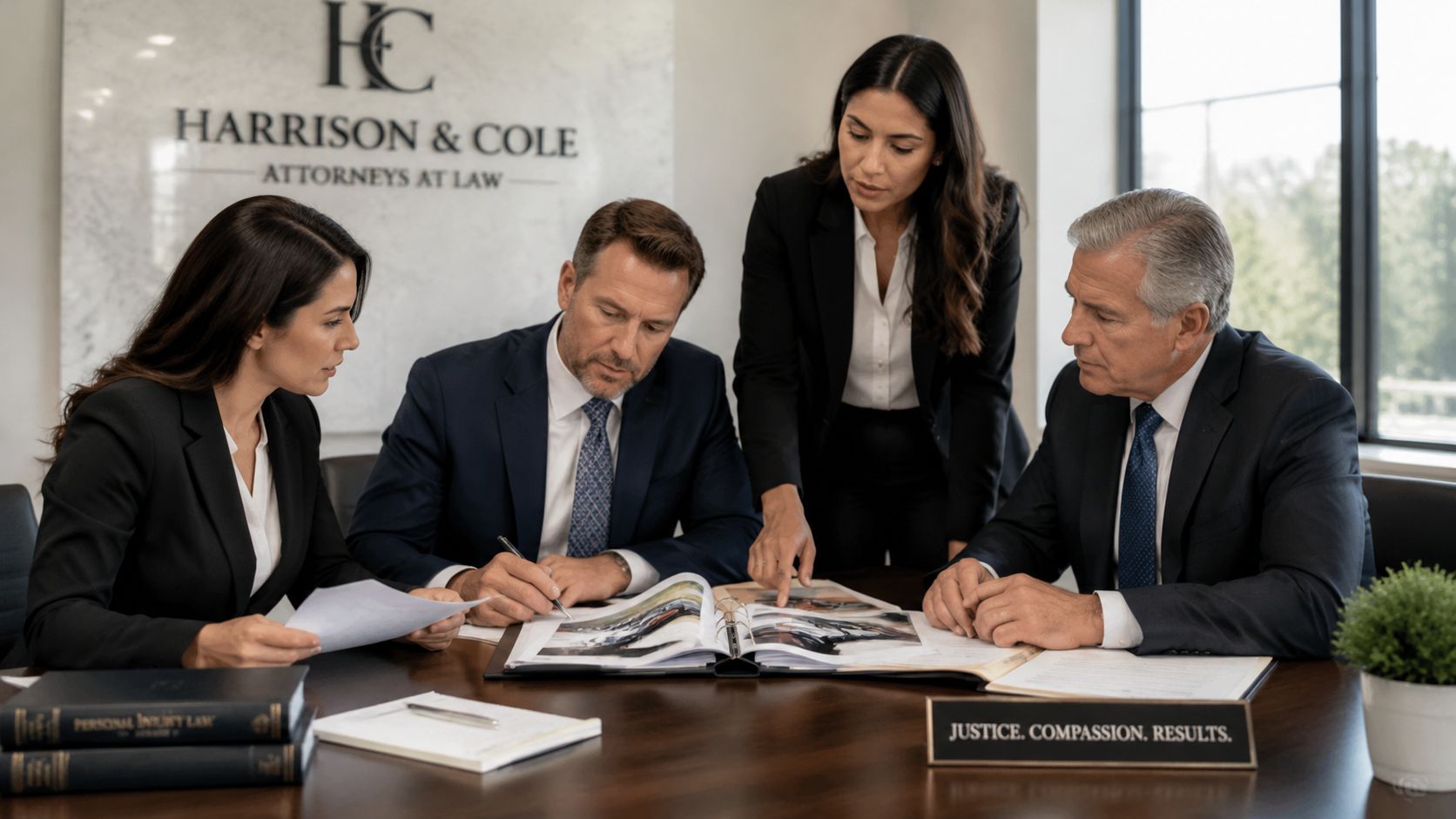 A team of professional lawyers reviewing documents and evidence for a legal case in an office setting.