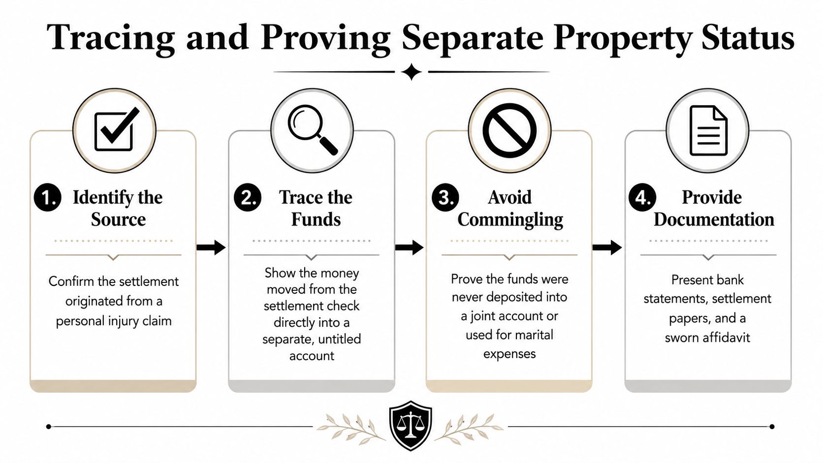 A four-step infographic illustrating how to trace and prove separate property status for personal injury settlements.