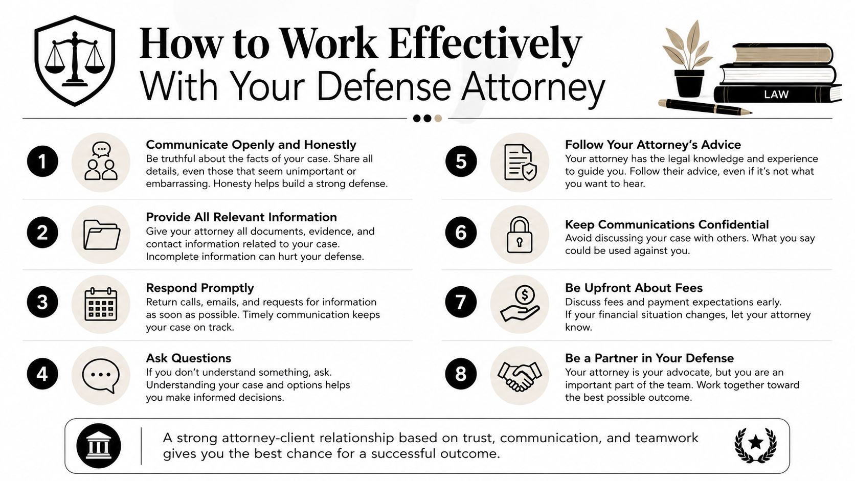 An infographic titled How to Work Effectively With Your Defense Attorney listing eight numbered tips for clients.