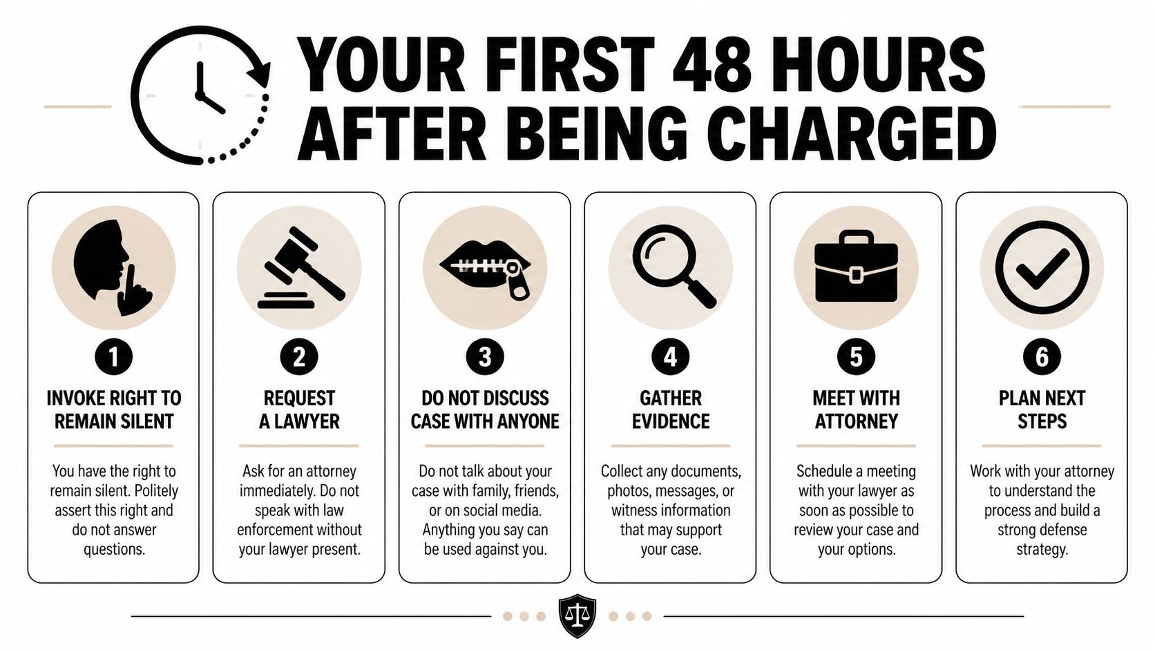 An infographic titled Your First 48 Hours After Being Charged listing six essential legal steps to take.