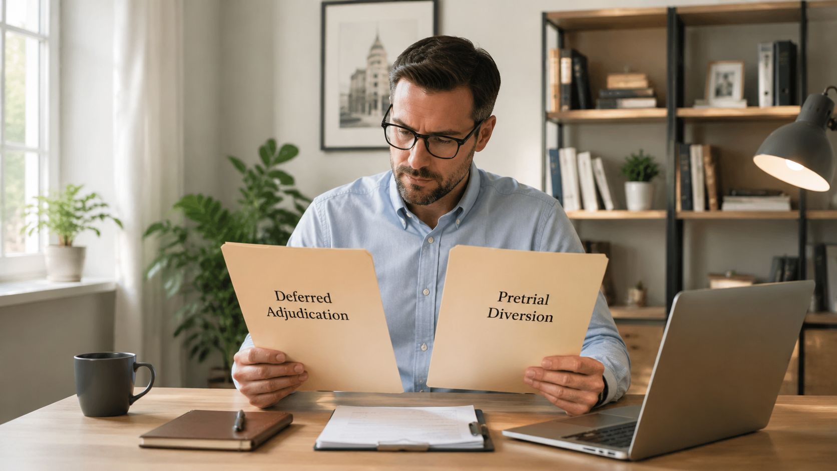 A professional man sitting at a desk reviewing legal documents labeled deferred adjudication and pretrial diversion.