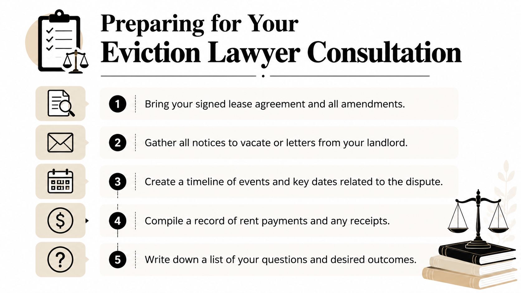 A checklist infographic titled Preparing for Your Eviction Lawyer Consultation with five essential steps for tenants.