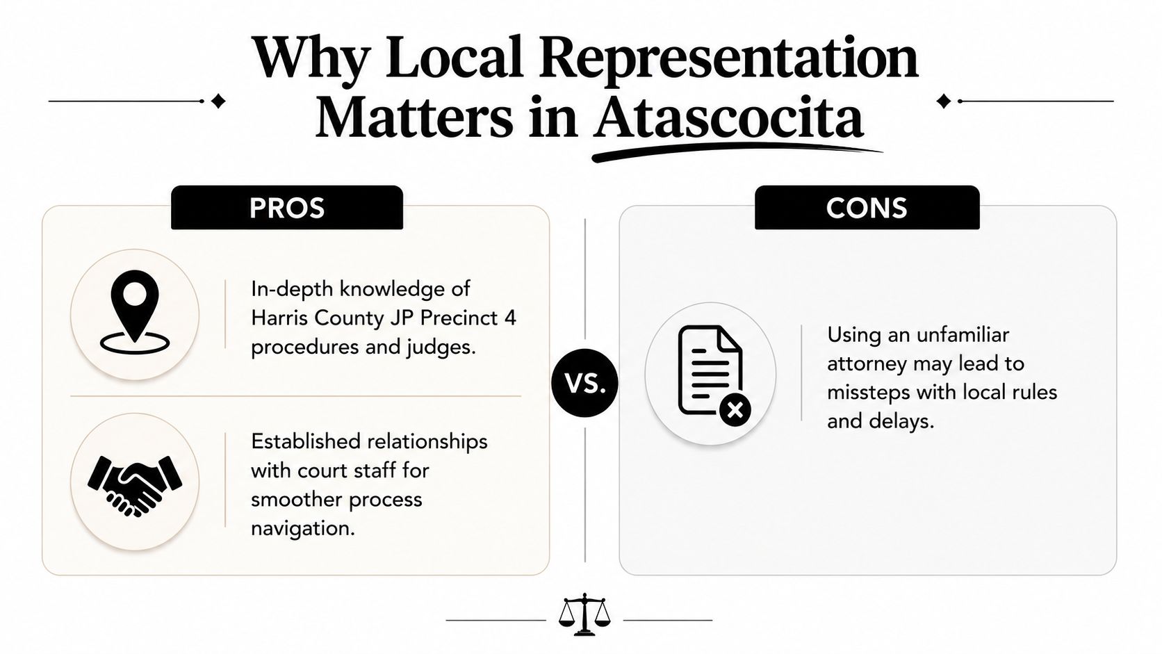 A comparison chart showing the benefits of local legal representation in Atascocita versus using unfamiliar attorneys.