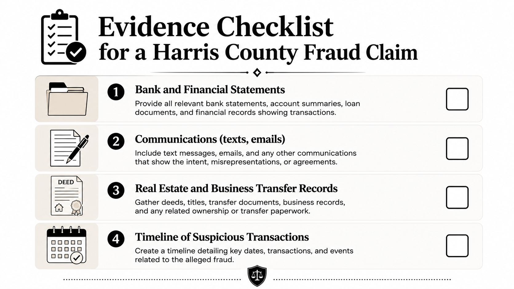 A checklist of essential evidence required for a Harris County fraud claim, including financial and real estate documents.