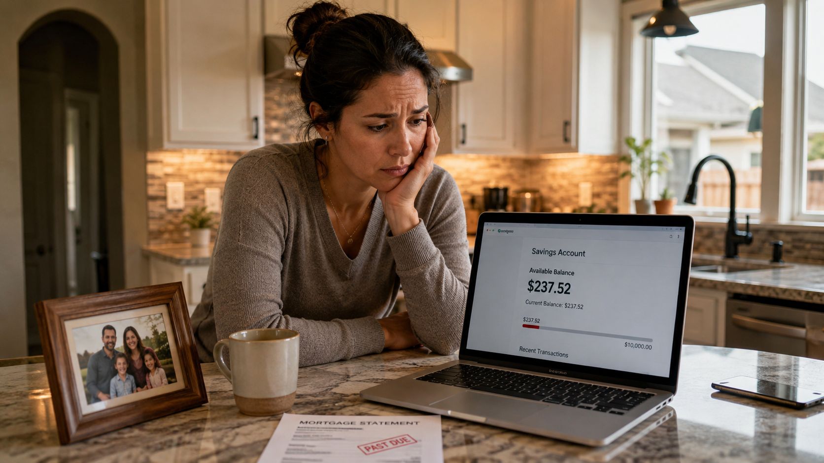 A concerned woman looks at her bank balance and a past due mortgage statement at home.