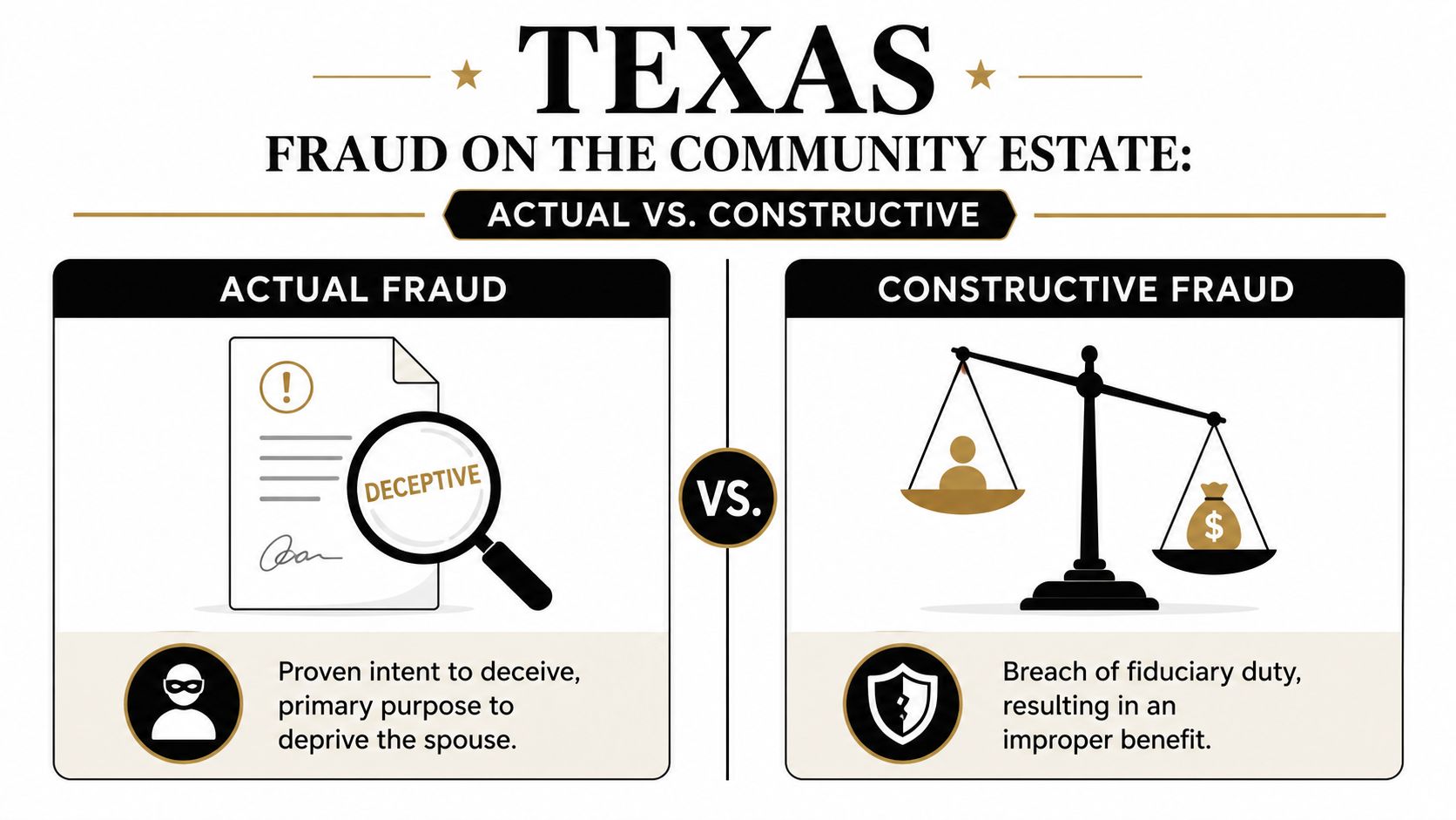 A comparison infographic between actual and constructive fraud on the community estate in Texas legal contexts.