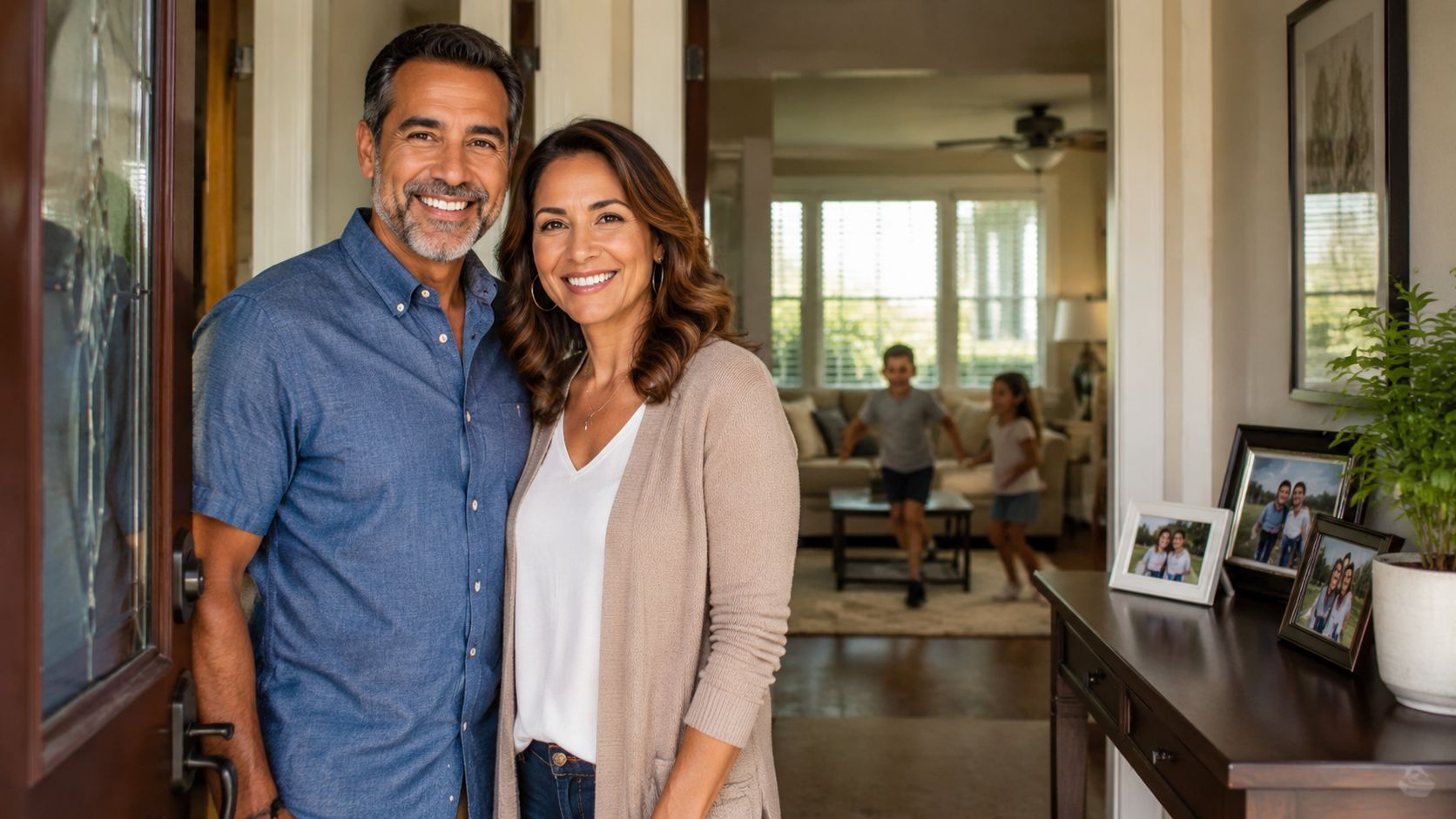 A happy middle-aged couple posing for a photo in their home entryway with children in the background.