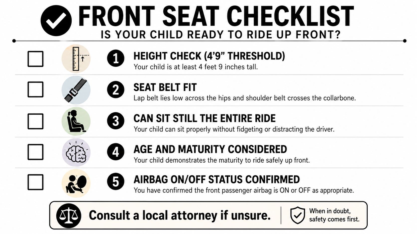 A safety checklist infographic titled Front Seat Checklist illustrating five key criteria for children riding in front seats.