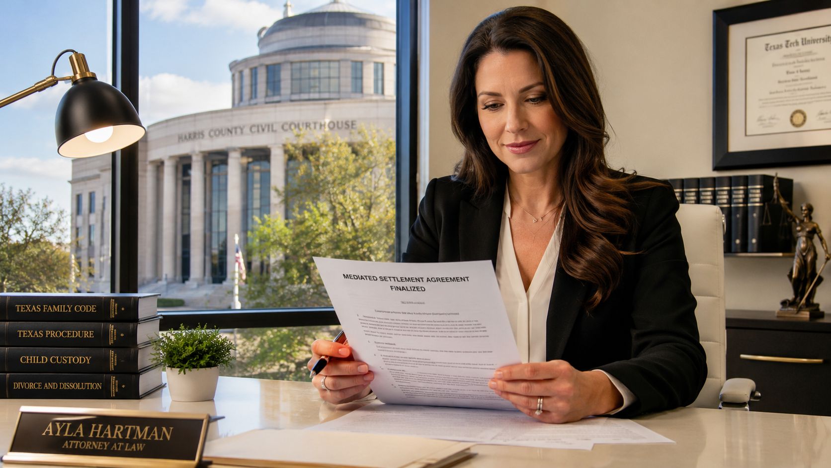 Attorney Ayla Hartman reviewing a mediated settlement agreement document at her desk overlooking a courthouse.