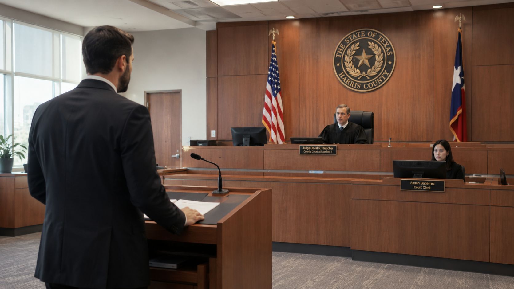A courtroom scene featuring a judge presiding while a lawyer stands at a podium in session.
