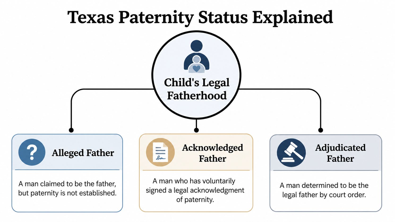 A flowchart explaining the three types of legal fatherhood in Texas: Alleged, Acknowledged, and Adjudicated Father.