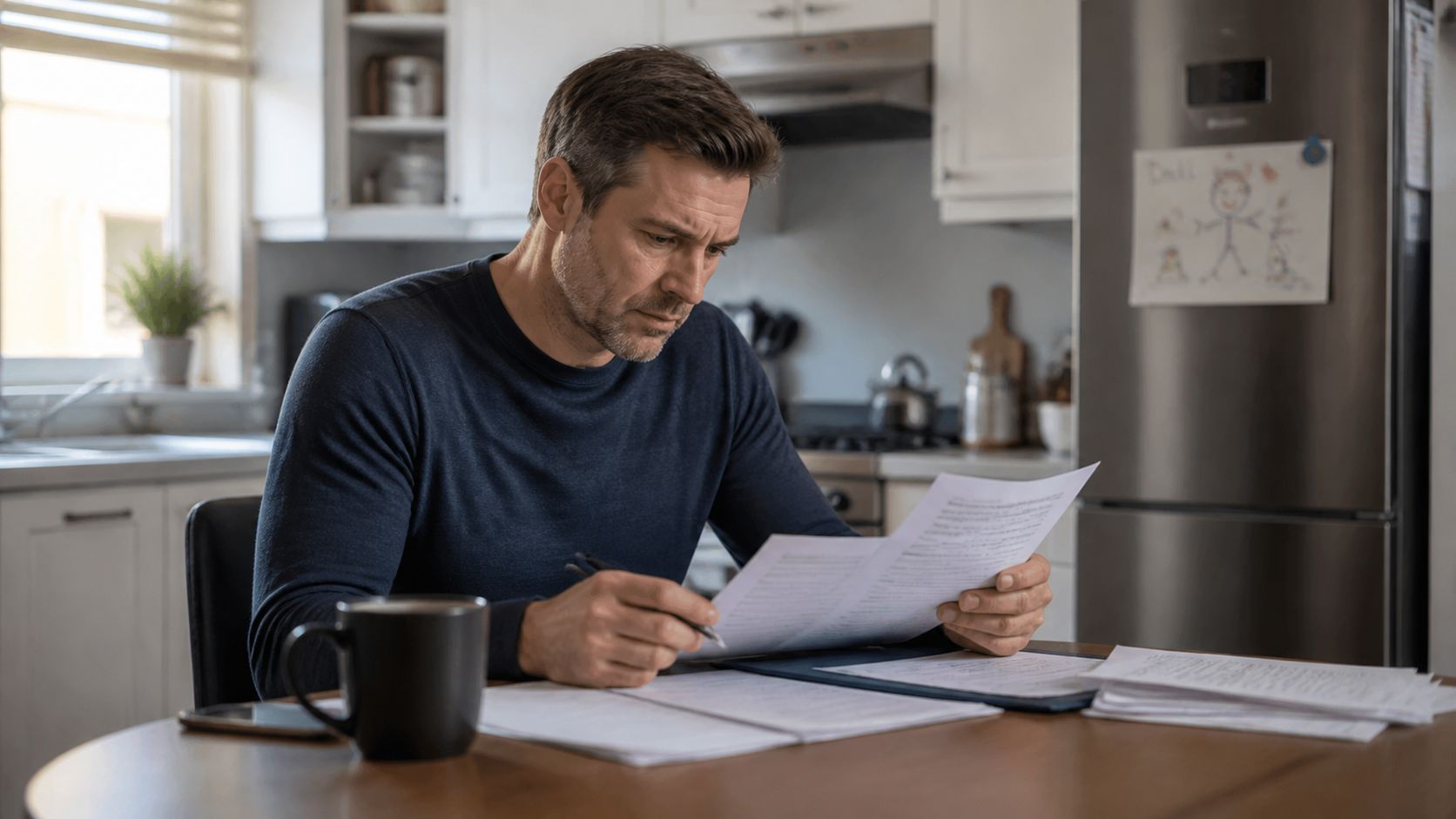 A concerned man sitting at a kitchen table while reviewing legal documents and paperwork at home.