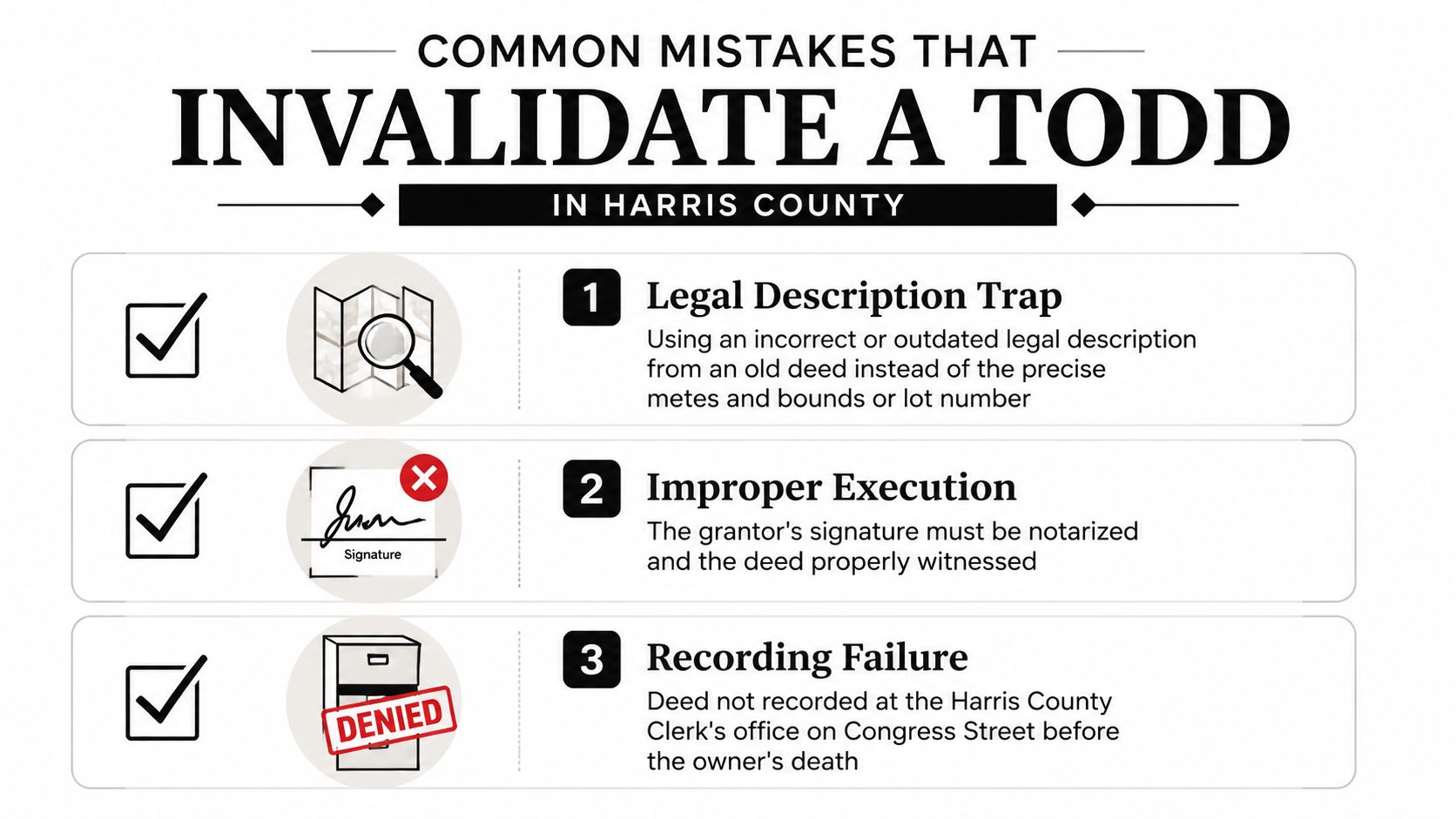 An infographic detailing common mistakes that can invalidate a Transfer on Death Deed in Harris County.