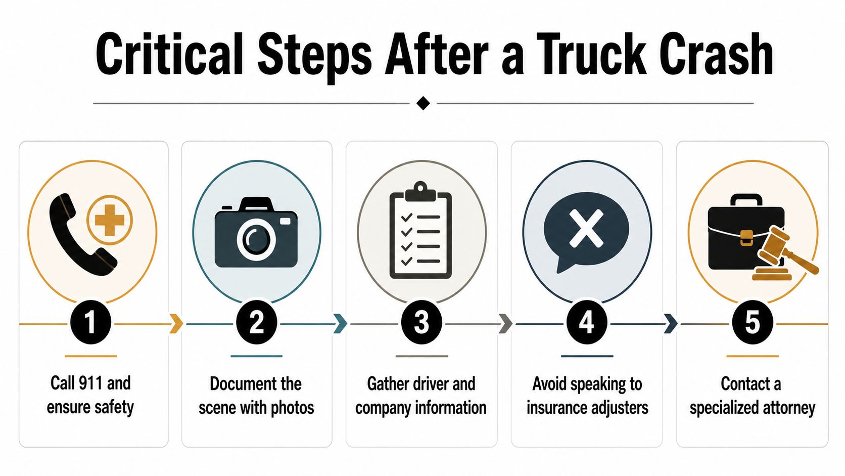 A five-step infographic showing critical actions to take after being involved in a truck accident.