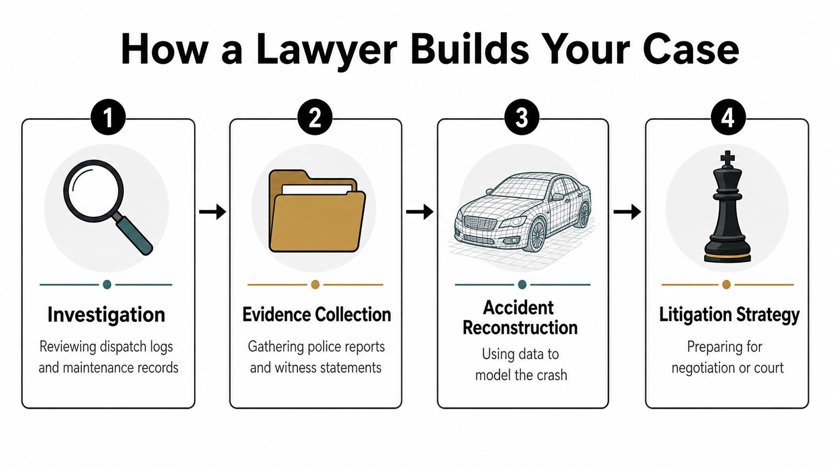 A four-step infographic illustrating how a truck accident lawyer investigates, collects evidence, reconstructs crashes, and builds strategy.
