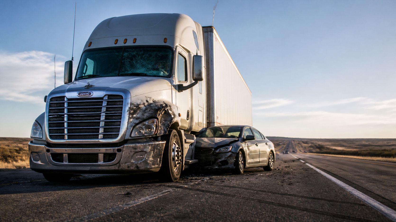 A damaged white semi-truck and a crashed sedan involved in a major road accident on a highway.