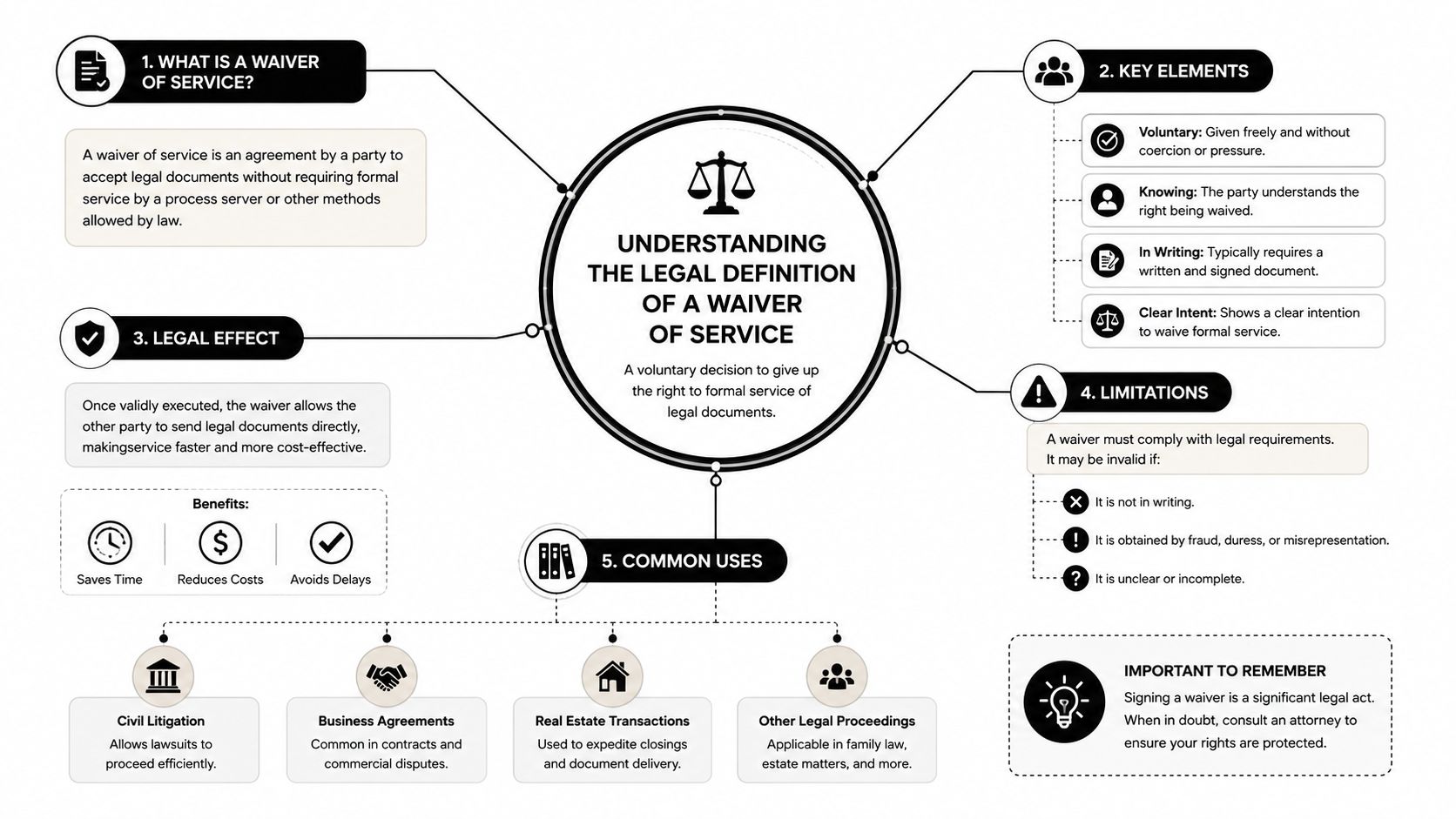 An infographic explaining the legal definition, key elements, benefits, and common uses of a waiver of service.