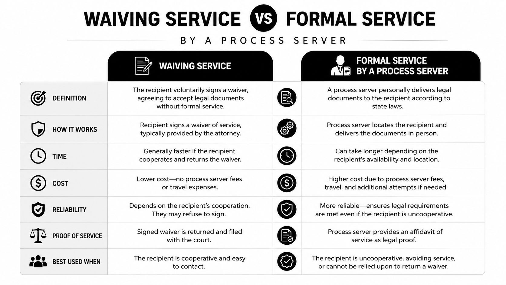 A comparison chart outlining the key differences between waiving service and formal service by a process server.