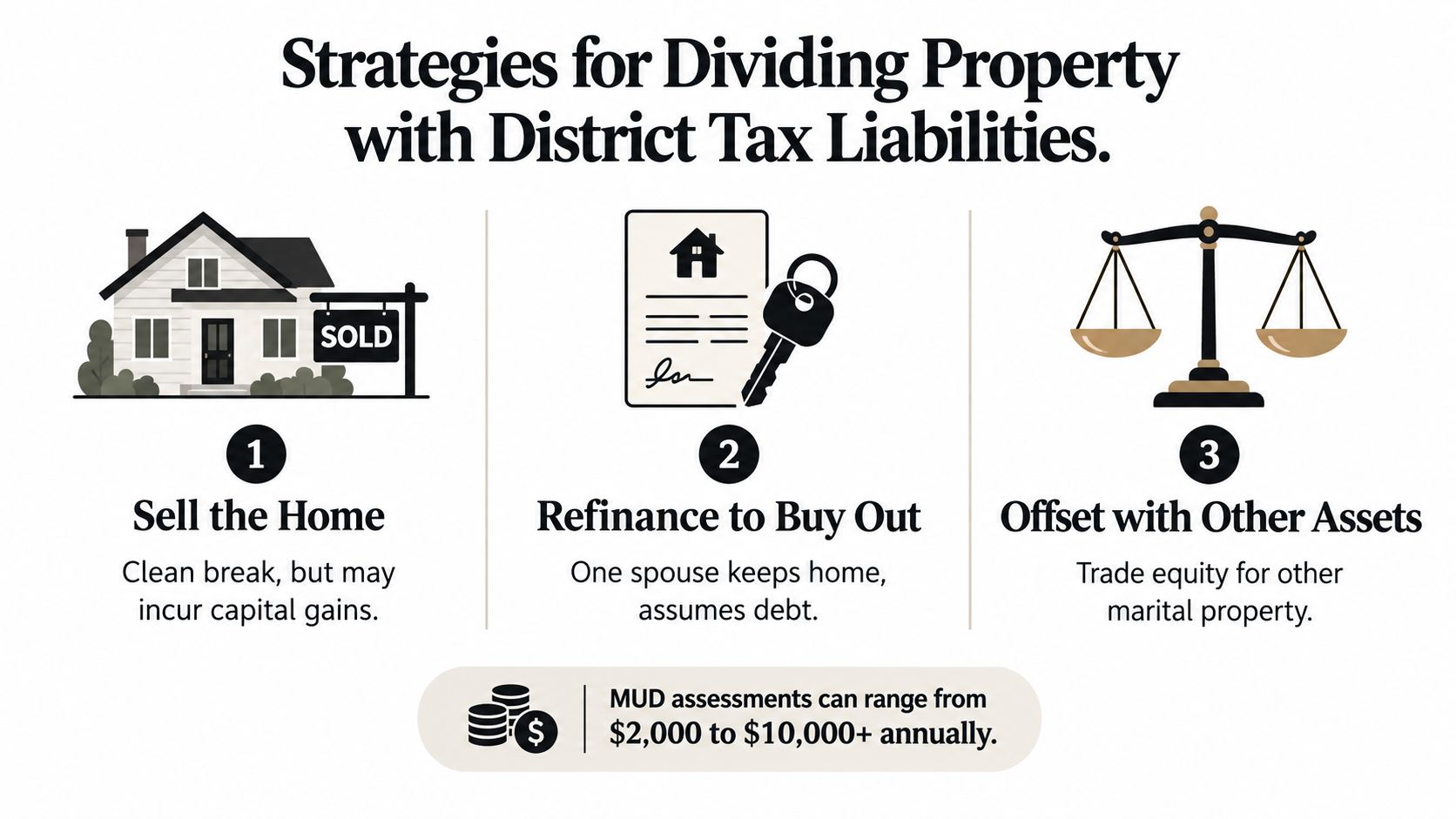 An infographic showing three financial strategies for dividing property with district tax liabilities during a divorce.