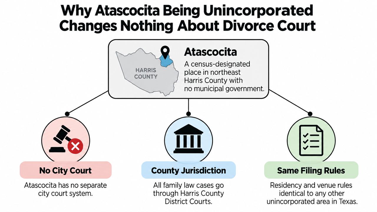 A diagram explaining that Atascocita's unincorporated status means divorce cases are handled by Harris County district courts.