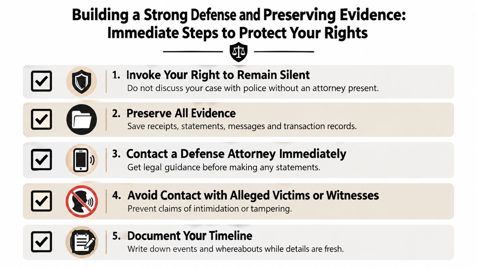 A legal infographic outlining five essential steps to build a strong defense and protect your rights.