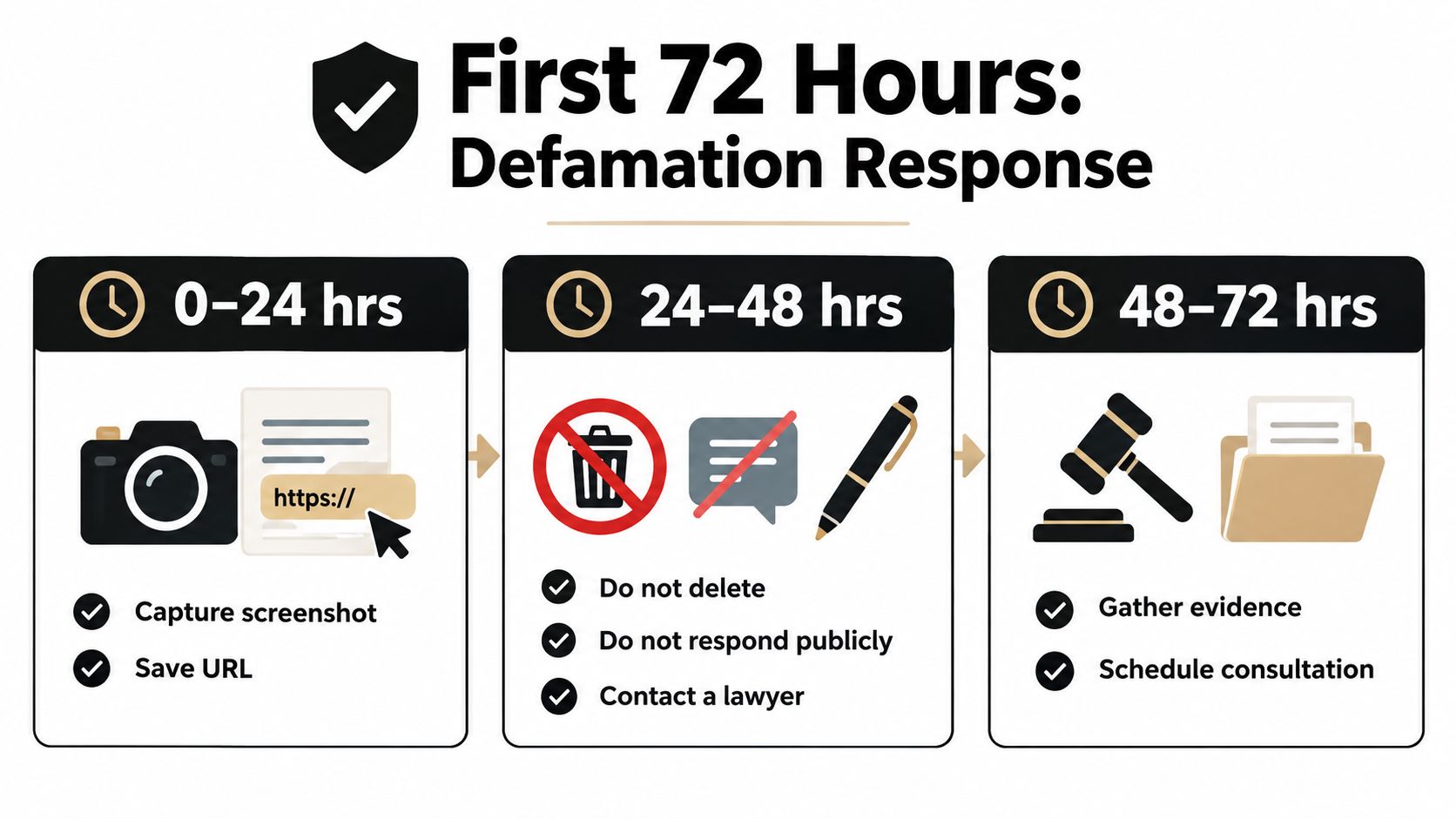A 72-hour defamation response guide showing steps to capture evidence, consult legal counsel, and avoid public replies.