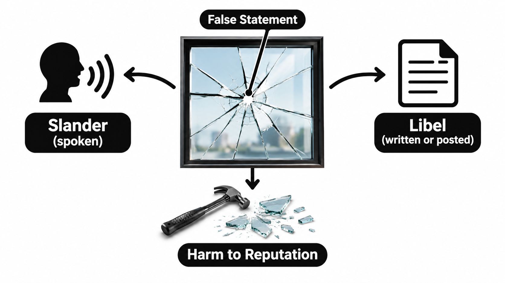 An infographic illustrating defamation with a broken window representing a false statement causing harm to reputation.