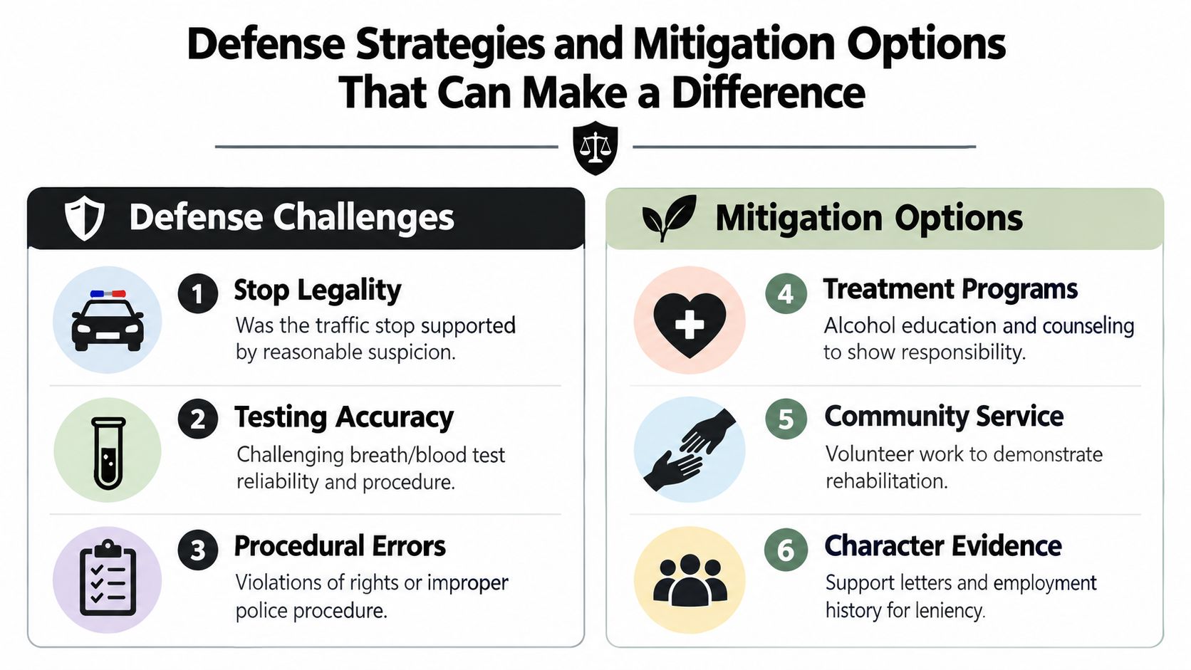 An infographic showing legal defense strategies and mitigation options for individuals facing a DUI or DWI charge.