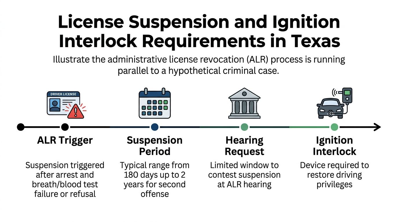 A timeline graphic showing the administrative license revocation process and ignition interlock requirements for Texas drivers.