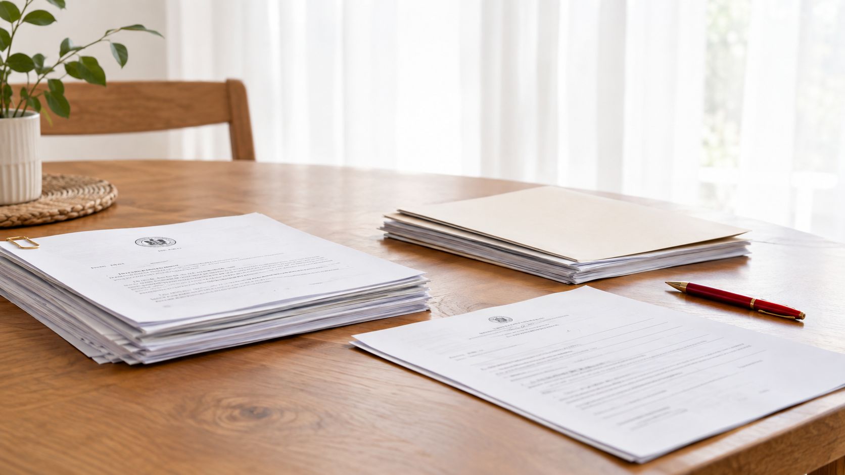 A wooden table featuring stacks of legal documents, a red pen, and a small potted plant nearby.