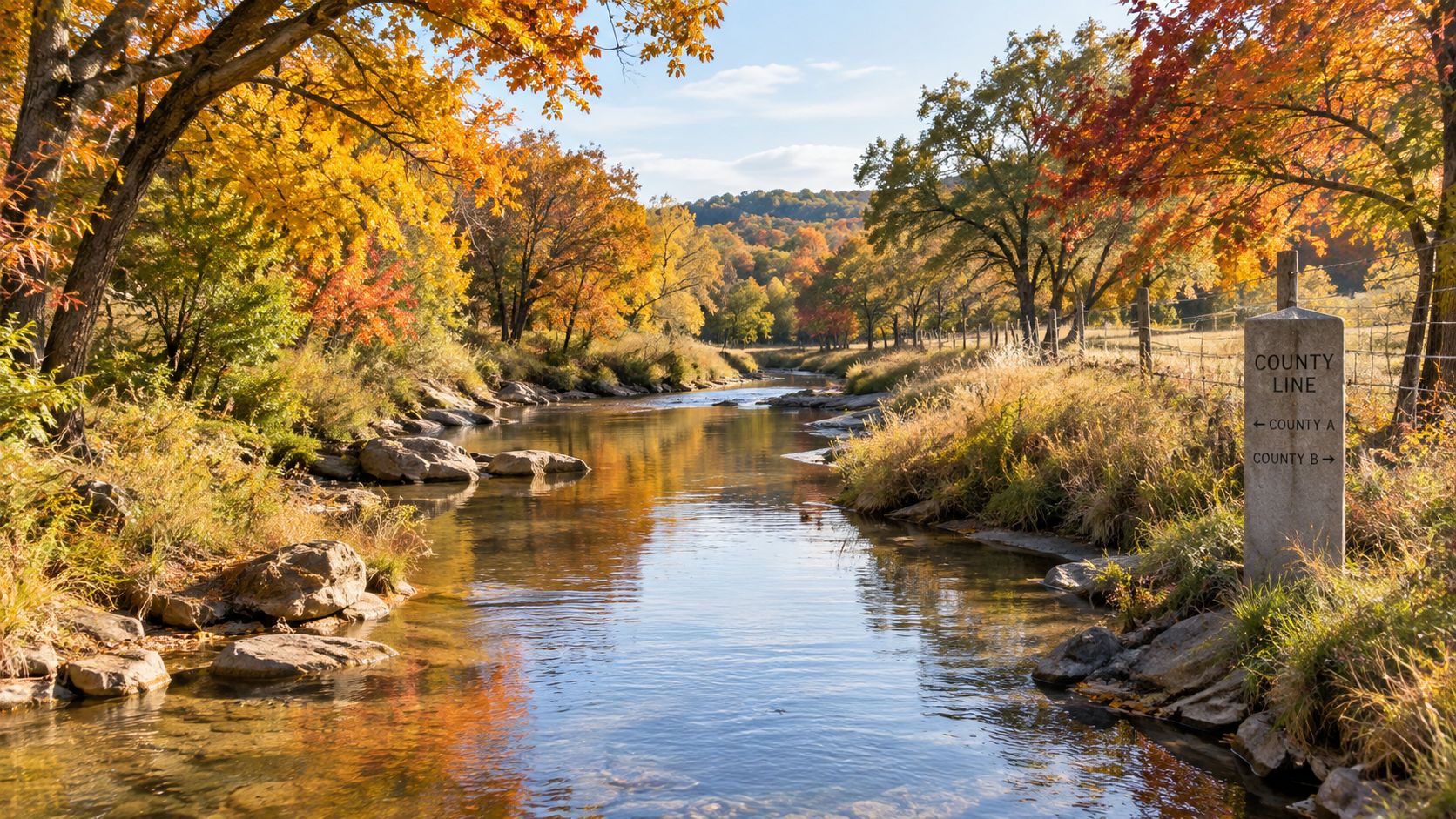 A serene creek flows through a vibrant autumn forest with colorful trees and a county line sign.