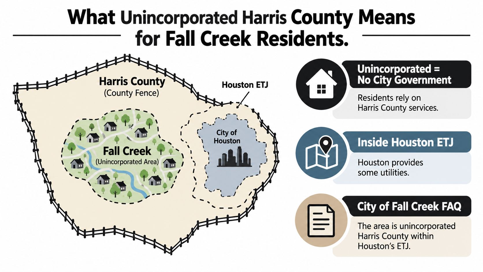 A diagram explaining that Fall Creek is an unincorporated area within Harris County and Houston's ETJ.