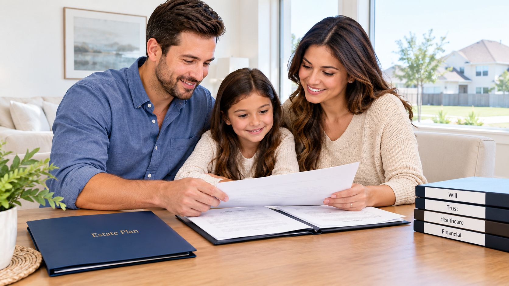 A family of three reviewing estate planning documents together while sitting at a wooden table at home.