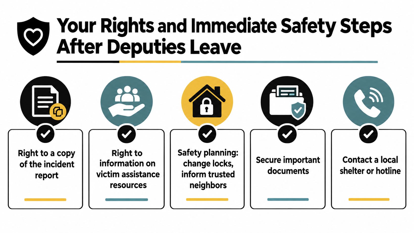 An infographic titled Your Rights and Immediate Safety Steps After Deputies Leave with five actionable icons.