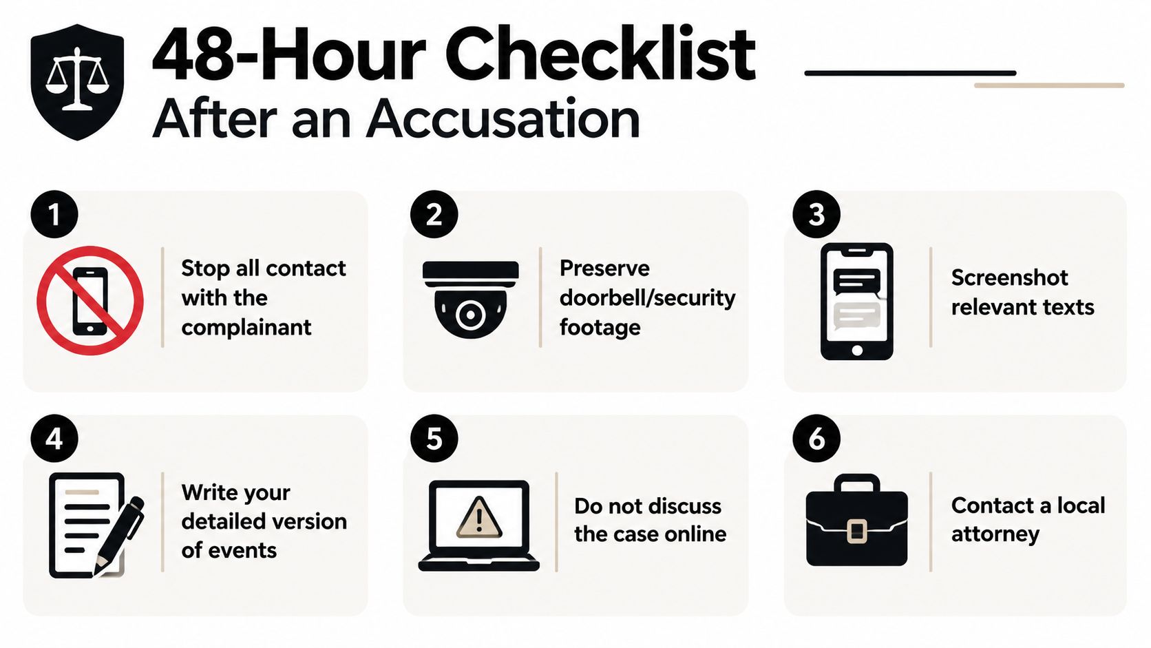 A 48-hour checklist for individuals to follow immediately after facing a criminal accusation.